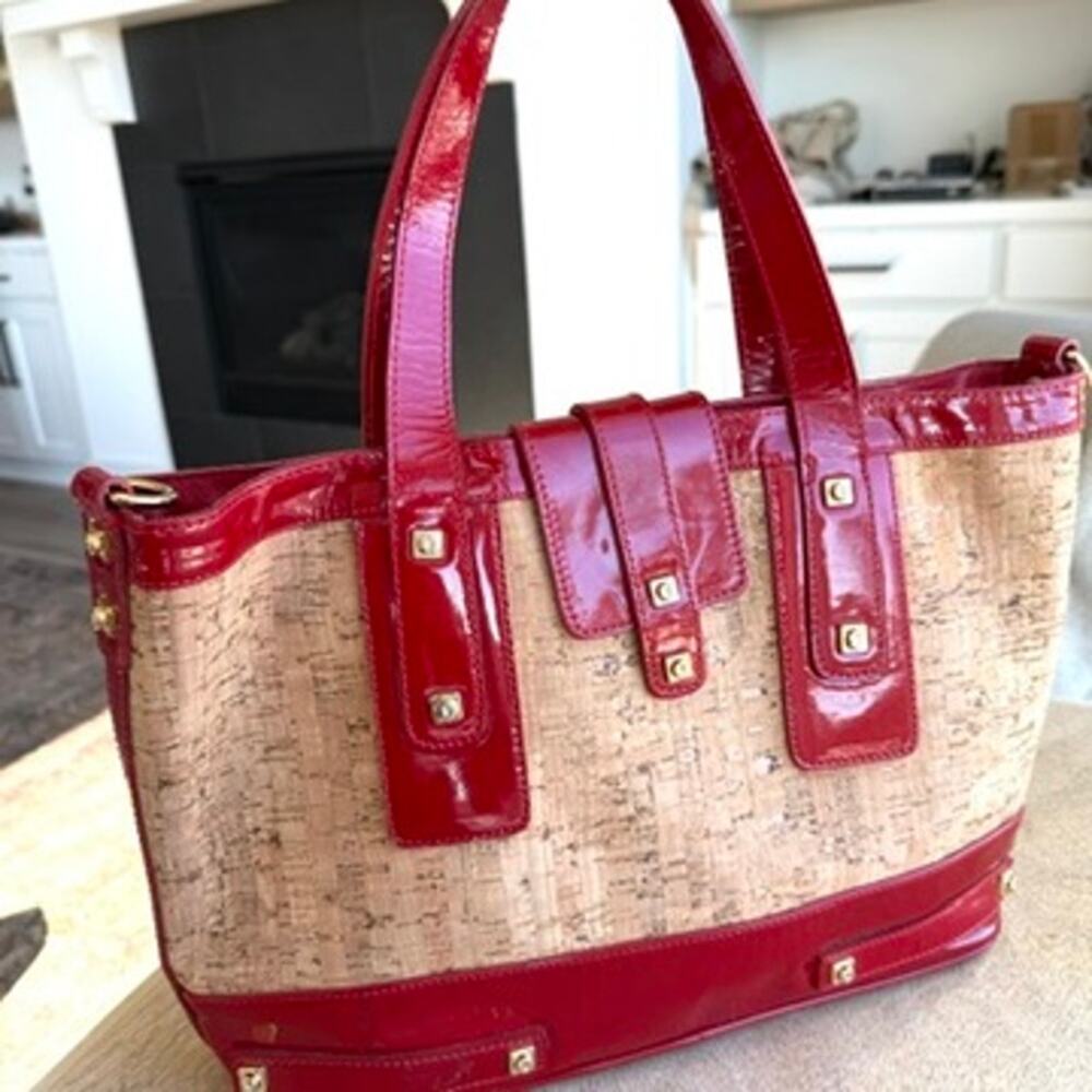 Stuart Weitzman Cork Patent Leather Tote Bag Red Beige Shoulder Purse Spain‎